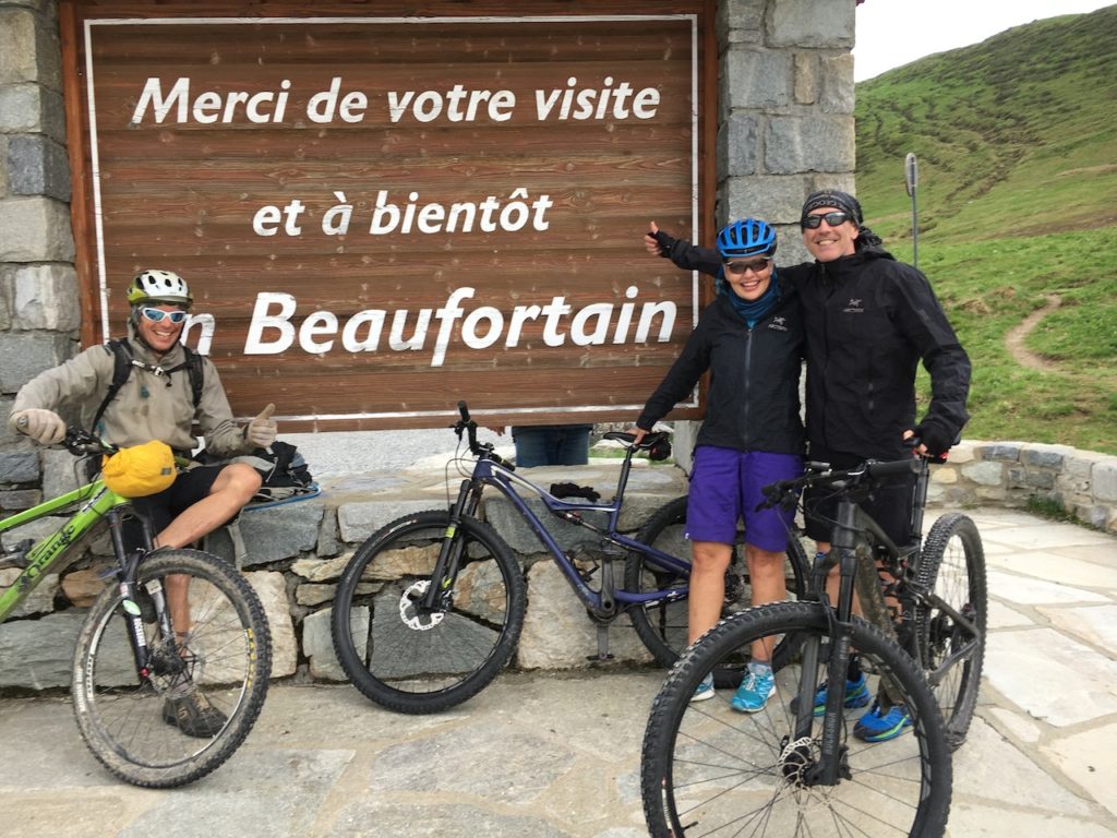 Three mountain bikers on the Tour Du Mont Blanc Beaufortain